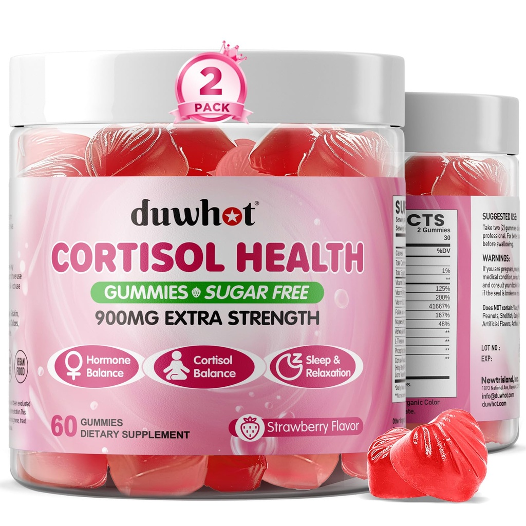 duwhot Cortisol Gummies, 15 in 1 Lower Cortisol Supplements for Women, w. Ashwagandha, Magnesium, Phosphatidylserine, Folate for Hormone Balance, Mood, Focus, Sleep Support, Sugar Free, Vegan, 120