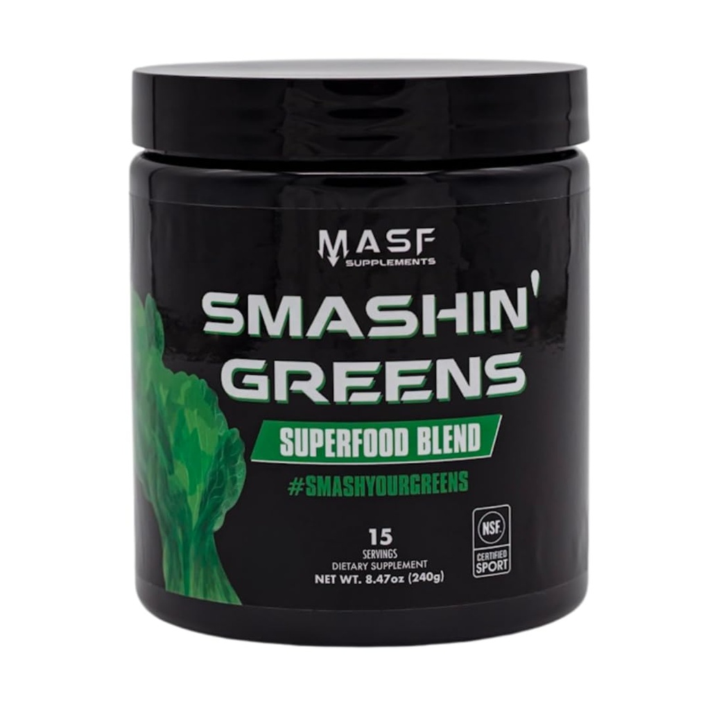 MASF Supplementen Smashin' Greens Superfood Biologische Blend - 15 Servingen - Boost Energy, Immune Support, Digestieve Gezondheid met biologisch Tarwegras, Spirulina, Chlorella - NSF gecertificeerd