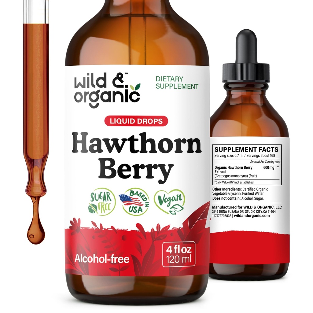 Wild & Organic Hawthorn Berry Tinctuur 600 mg - Liquid Hawthorne Berry Supplement voor algemene ondersteuning - Vegan, Sugar & Alcoholvrije Fruit Extract Drops - 4 fl oz