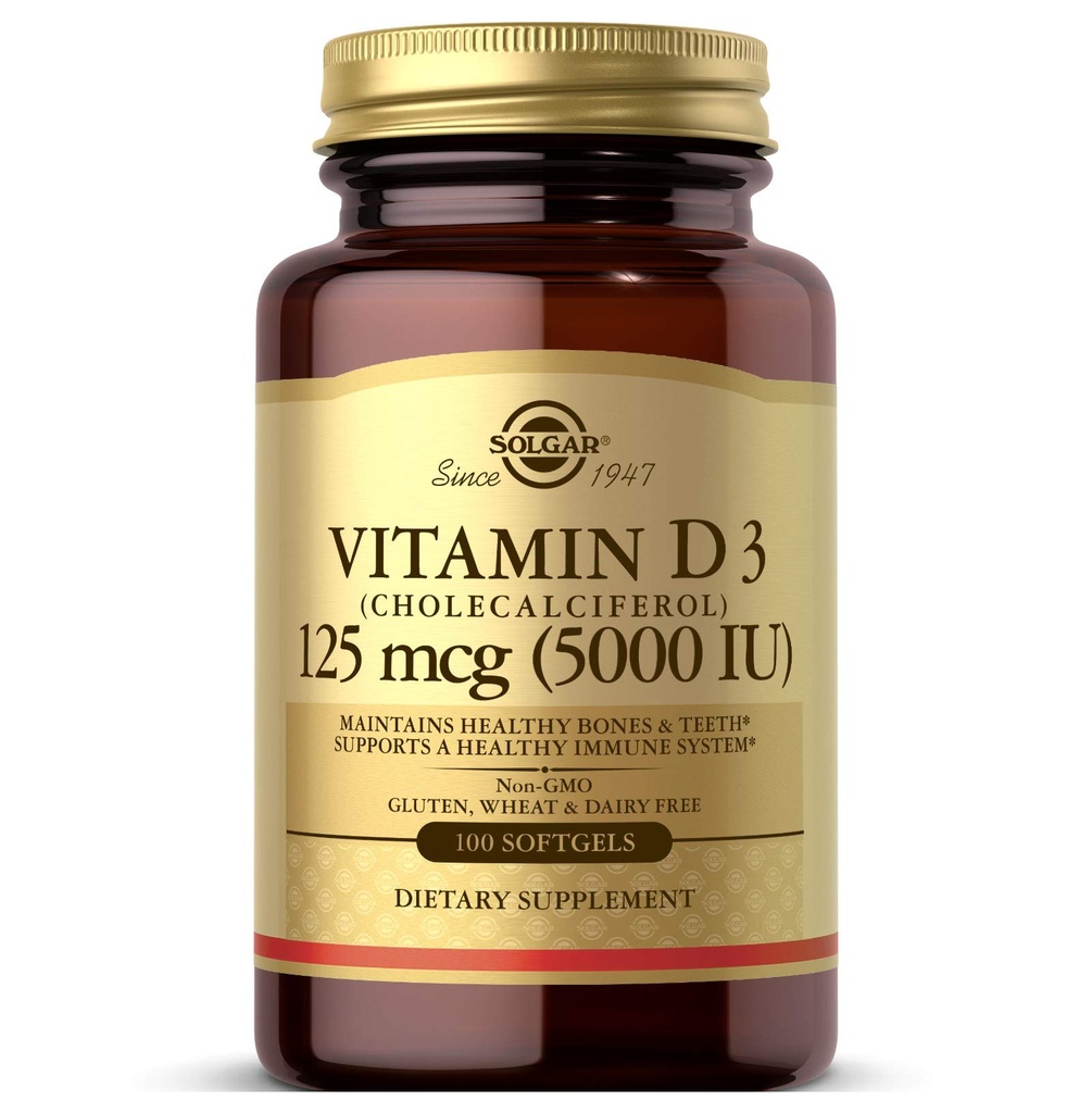 Solgar Vitamine D3 (Cholecalciferol) 125 MCG (5000 IE), 100 Softgels - helpt gezonde botten en tanden - Immuunsysteemondersteuning - niet GGO, glutenvrij, zuivelvrij - 100 porties