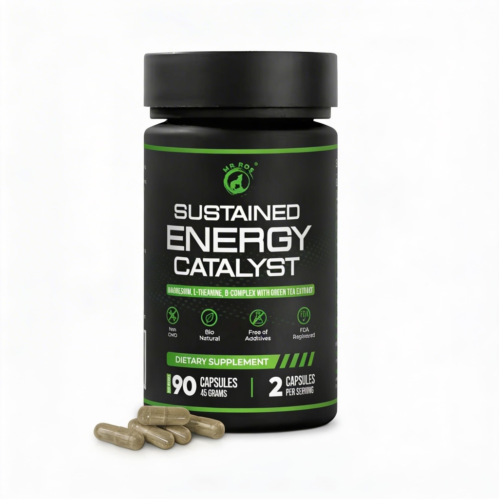 Sustained Energy Catalyst – Vegan Supplement with Magnesium, B-Complex, L-Theanine, Rhodiola, Green Tea & Marine Phytoplankton – for Energy, Focus, and Mental Balance – 90 Capsules