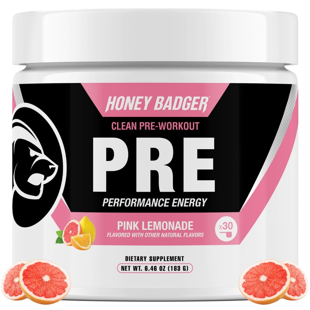 Honey Badger Pre Workout Powder, Keto Vegan Preworkout for Men & Women, Beta Alanine & Caffeine, Sugar Free Natural Energy Supplement, Pink Lemonade, 30 Servings