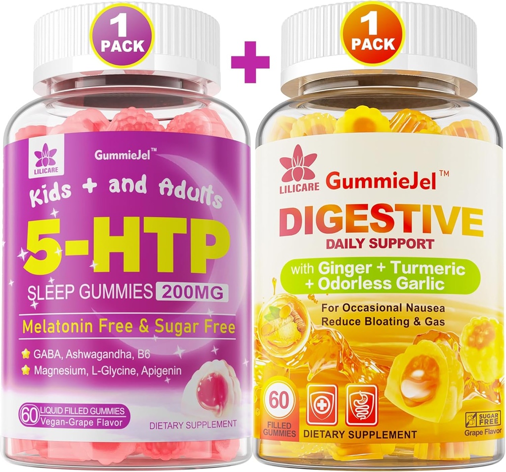 Gemberkauwerssupplement voor misselijkheid, maagrelief & 5HTP Gummies voor volwassenen & kinderen 8+ met GABA + Magnesium Glycinate