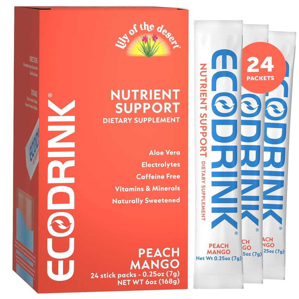 Lily of the Desert EcoDrink Nutrient Support Hydration Packets, Peach Mango – Naturally Sweetened Multivitamin Electrolyte Mix with Aloe, 24 Stick Packs/Box, 0.25 Oz Ea
