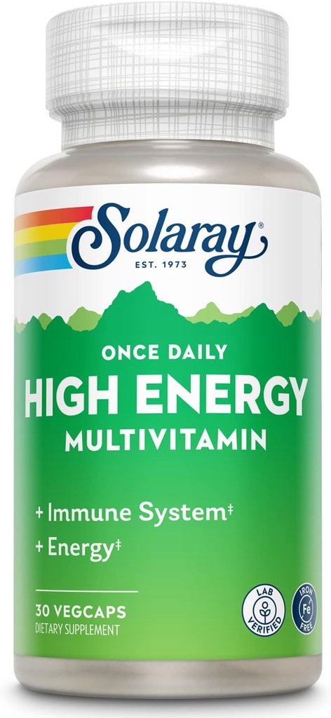 SOLARAY Eenmaal daags Hoge Energie Multivitamine, IJzervrij, Immuun Systeem en Energie Ondersteuning, Gehele Eten en Kruidenbasis Ingrediënten, Heren en Vrouwen Multi Vitamine (30 Serven, 30 VegCaps)