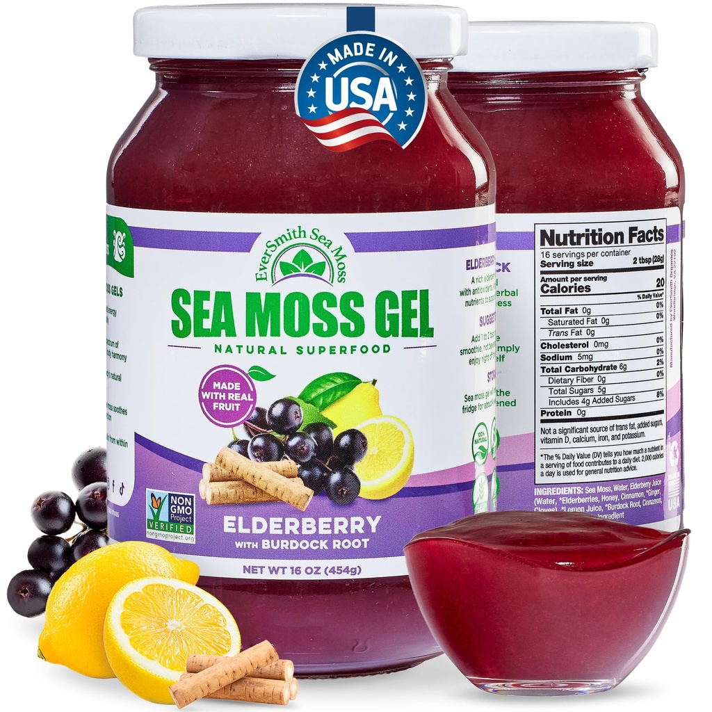 EverSmith Organics - Wildcrafted Irish Sea Moss Gel | Made in USA | Rich in Nutrients | Sea Moss Gel Raw | Jarred Vegetables & Fruits | Elderberry (1 Jar)
