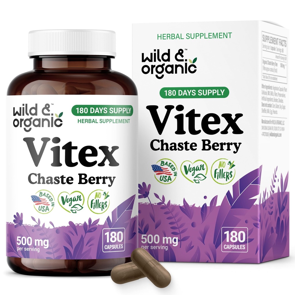 Wild & Organic Vitex Chasteberry Capsules - Peri Menopause Supplements for Women - 500 mg Vitex Chasteberry Supplement - Chaste Tree Berry Extract - Vegan, No Fillers, Non-GMO - 180 Count