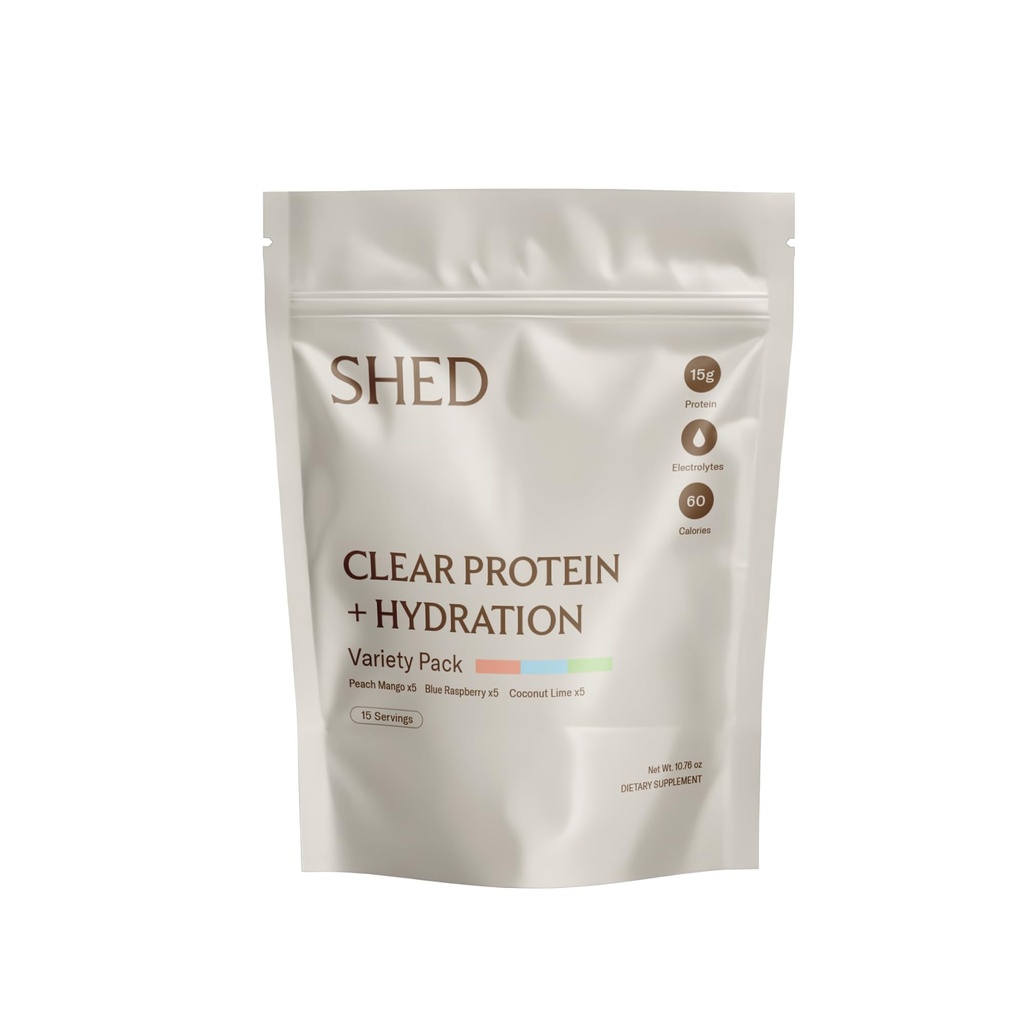 Clear Protein Powder with Electrolytes by Shed, 15g Whey Protein Isolate, Low Calorie and Lactose Free, Light and Clean Hydration Drink, Bloat-Free Post Workout Supplement, Variety Pack (15 Servings)