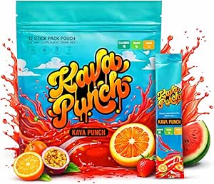 KAVA PUNCH Relaxation Drink Mix – 12 Stick Pack Pouch with Kava Kava Extract for Stress Relief | Non-Alcoholic, Low-Calorie, Healthy Alternative Beverage | Portable Alcohol-Free Buzz Drink