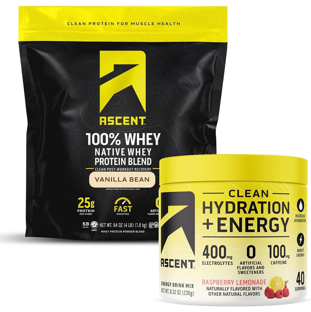Ascent 100% Whey Protein Powder, Vanilla Bean 4 lb & Hydration + Energy Electrolytes, Raspberry Lemonade 40 Servings