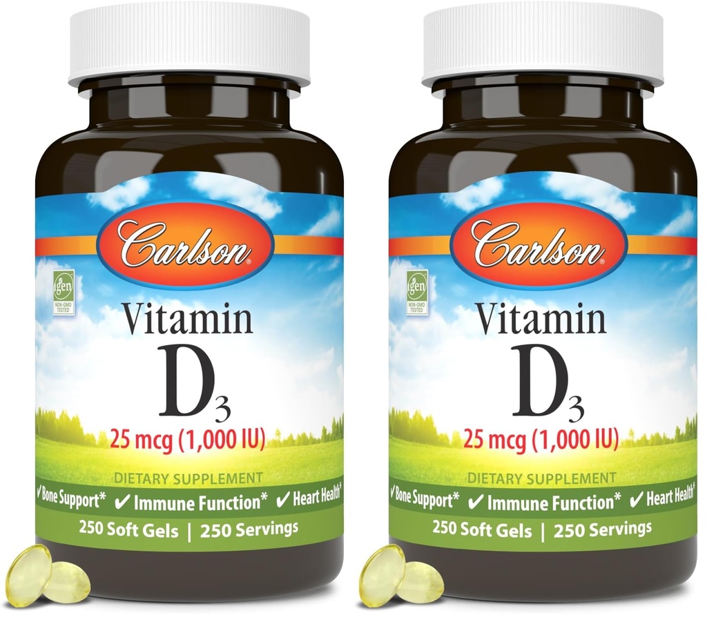 Carlson - Vitamin D3, 1000 IU (25 mcg), Bone Health, Muscle Health, Cholecalciferol, Vitamin D Supplements, Vitamin D3 Soft Gels, 250 Softgels (Pack of 2)