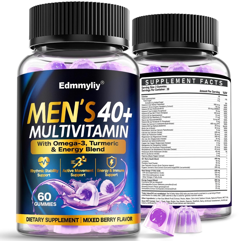 Multivitamin Gummies for Men 40 Plus - Vitamin A C D E B6 B12 with Omega-3 Calcium for Men - Energy & Immune Support Daily Vitamins - Sugar-Free & Vegan