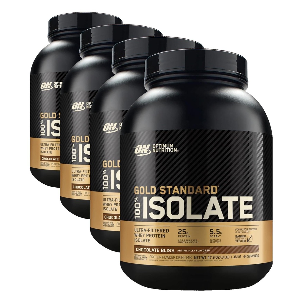 Optimum Nutrition Gold Standard 100% Isolate, Protein Powder, Chocolate Bliss, 3 Pounds, 44 Servings. Whey Protein Isolate (Packaging May Vary) (Pack of 4)