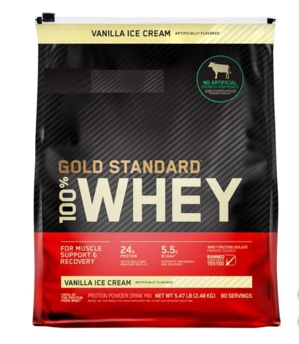Nutrition Gold Standard 100% Whe'y Protein Powder, Vanilla Ice-Cream Flavor Bundle with Scoop, 5.64 lb