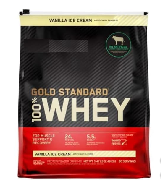 Nutrition Gold Standard 100% Whe'y Protein Powder, Vanilla Ice-Cream Flavor Bundle with Scoop, 5.64 lb