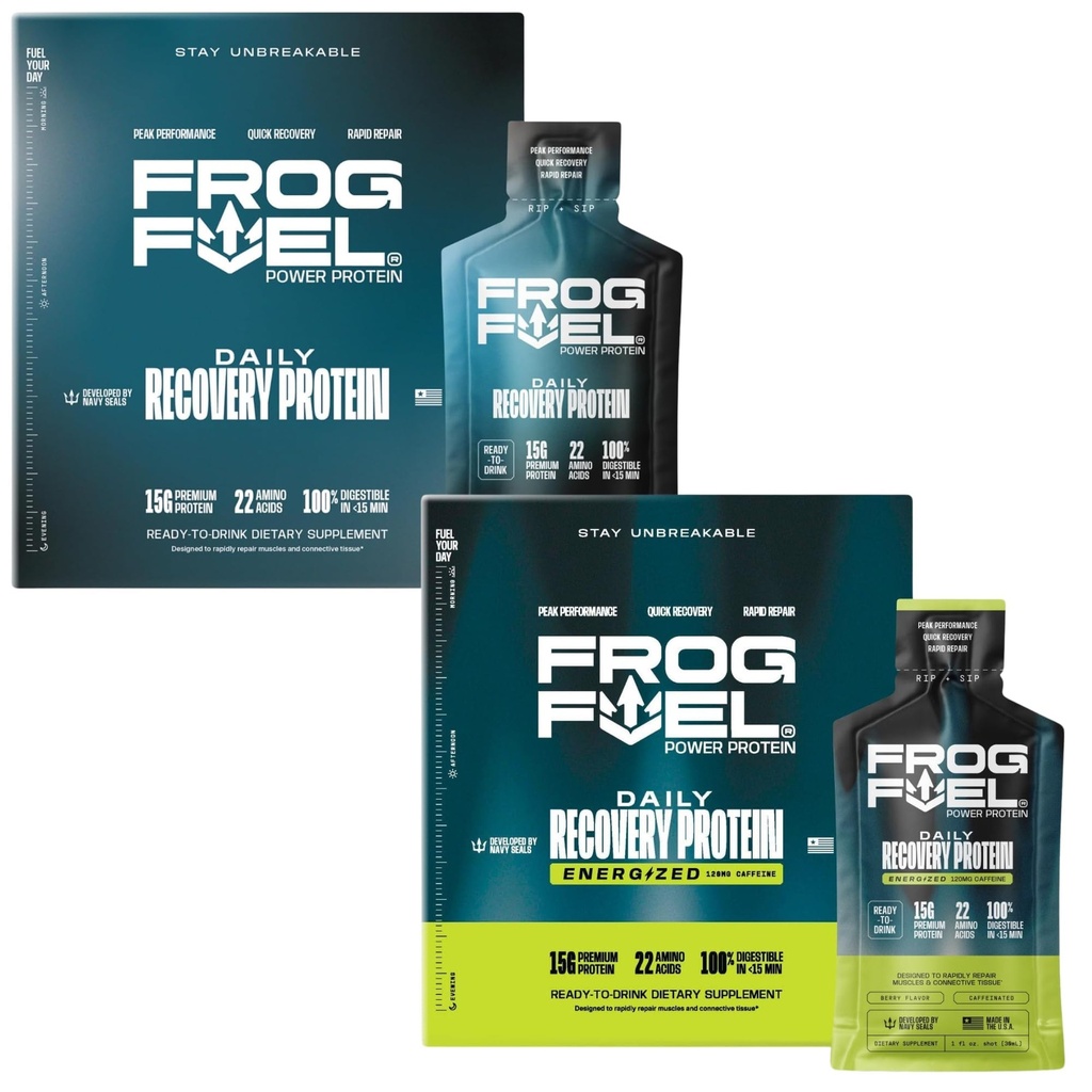 Frog Brandstofkracht Regular & Power Energized Complete Protein Shot Bundle, 15g Proteïne Nano-Hydrolyzed Gras Fed Collageen, Post Workout, Fat & Sugar Free, 22 Aminozuren, Berry, 1 oz Packets, 48 Pack