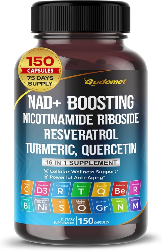 NAD+ Boosting Trans-Resveratrol Turmeric Quercetin Rosemary Bilberry Sage Green Tea Oregano Brandnetel Milk Thistle Black Pepper -150 Capsules- Made in USA