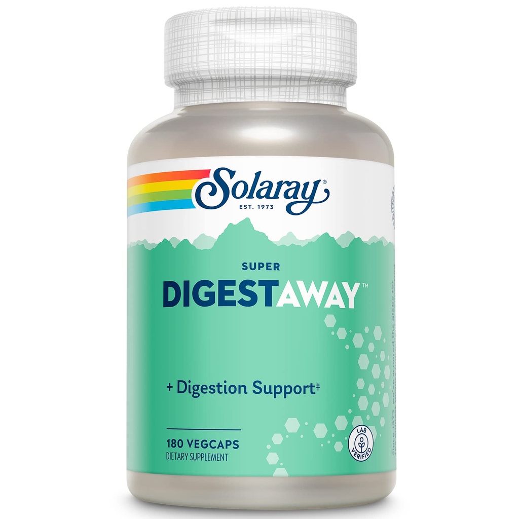 SOLARAY Super Digestaway Digestive Enzymes - Pancrean, Papain, Ginger, Pepsin, Betaine HCl, Aloë Vera, and More - Digestie & Nutrient Absorptie Ondersteuning - Lab geverifieerd - 180 VegCaps