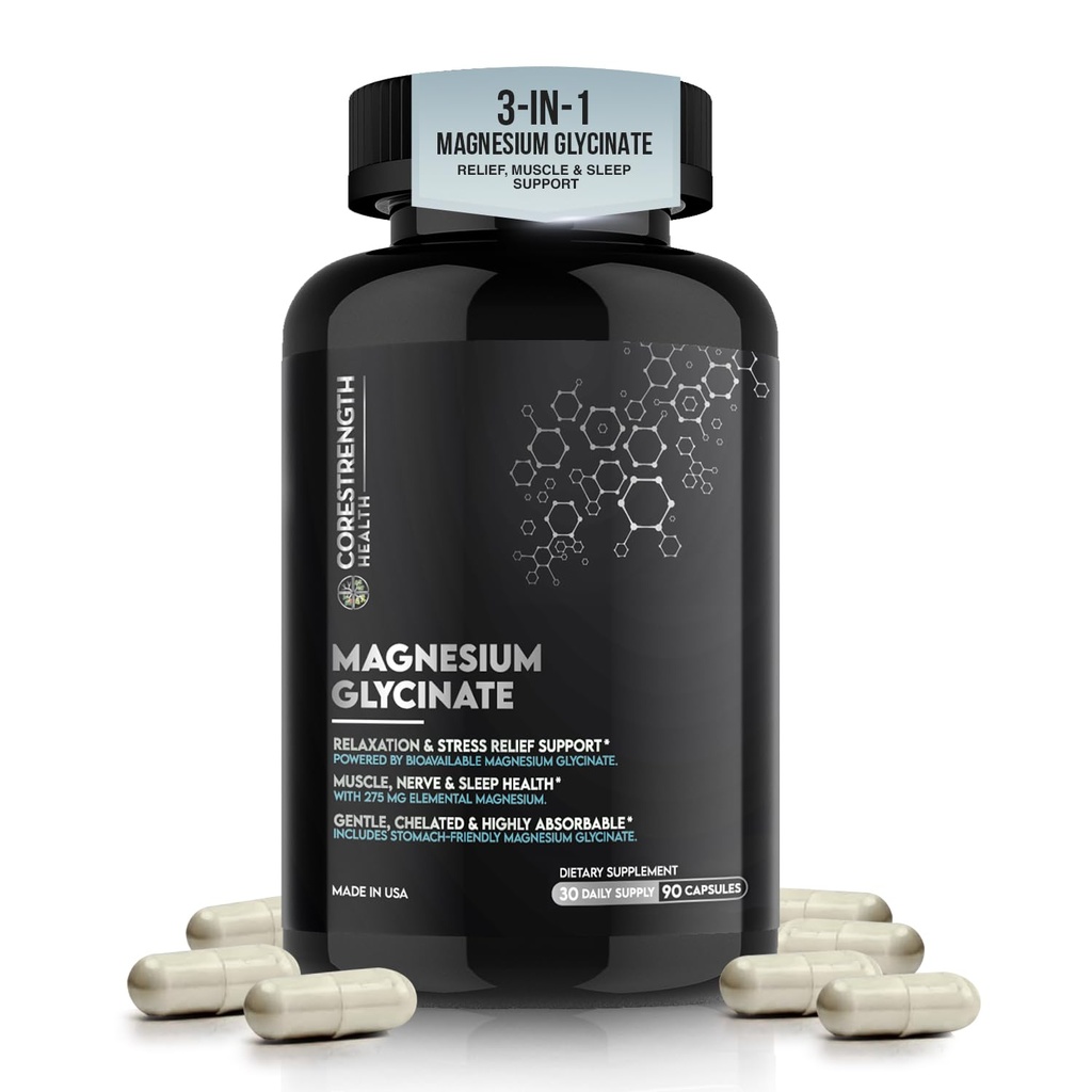 Magnesium Glycinate | Chelated Magnesium for Superior Absorption | 90 Capsules | Relaxation, Muscle Function & Sleep Support | Vegan, Non GMO, Gluten Free | by CoreStrength Health
