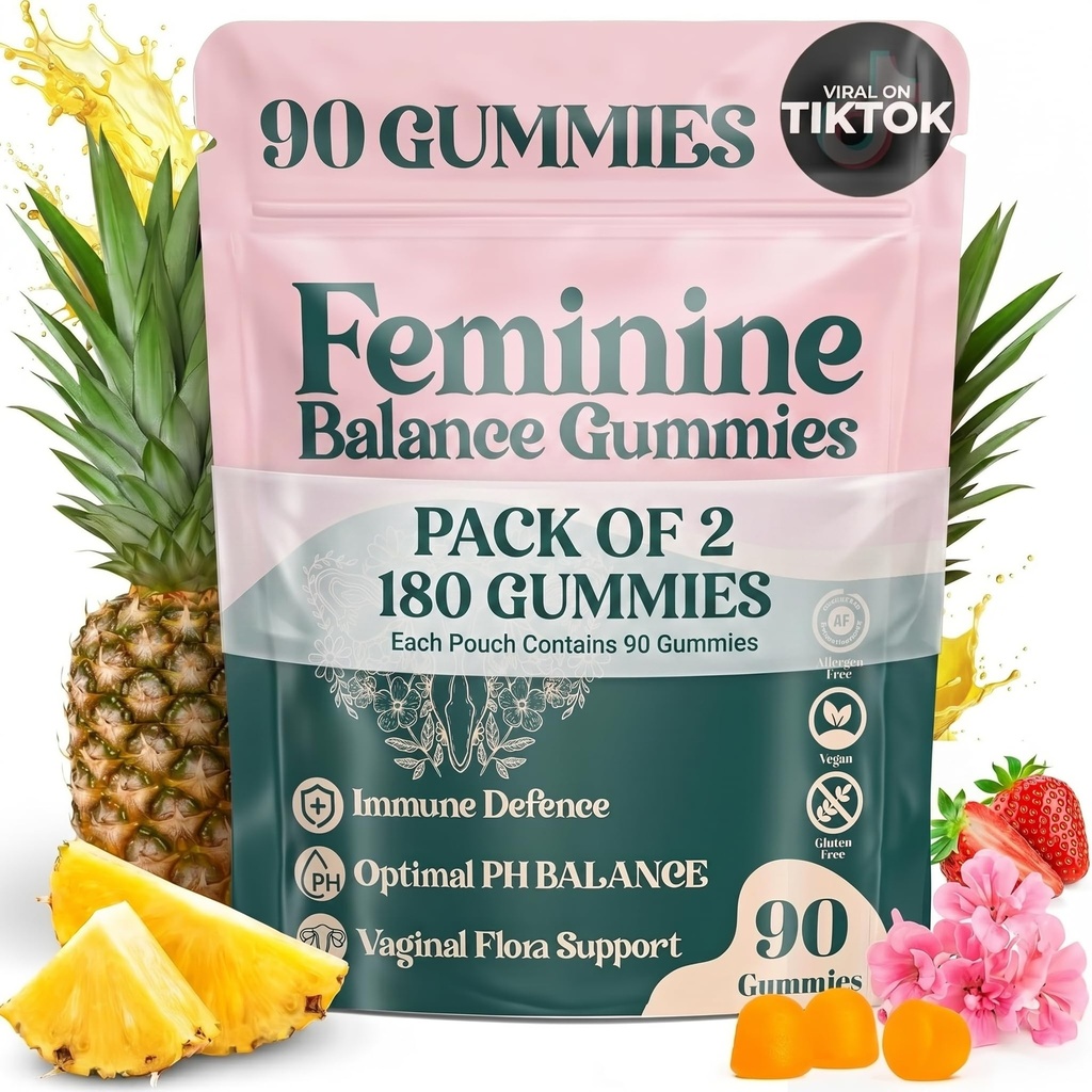 2 Pack Premium Feminine Balance Gummies - for Women’s Health & Wellness - Immune Support - Vegan, Gluten-Free - Hawaiian Pineapple - 180 Gummies - 90 Servings