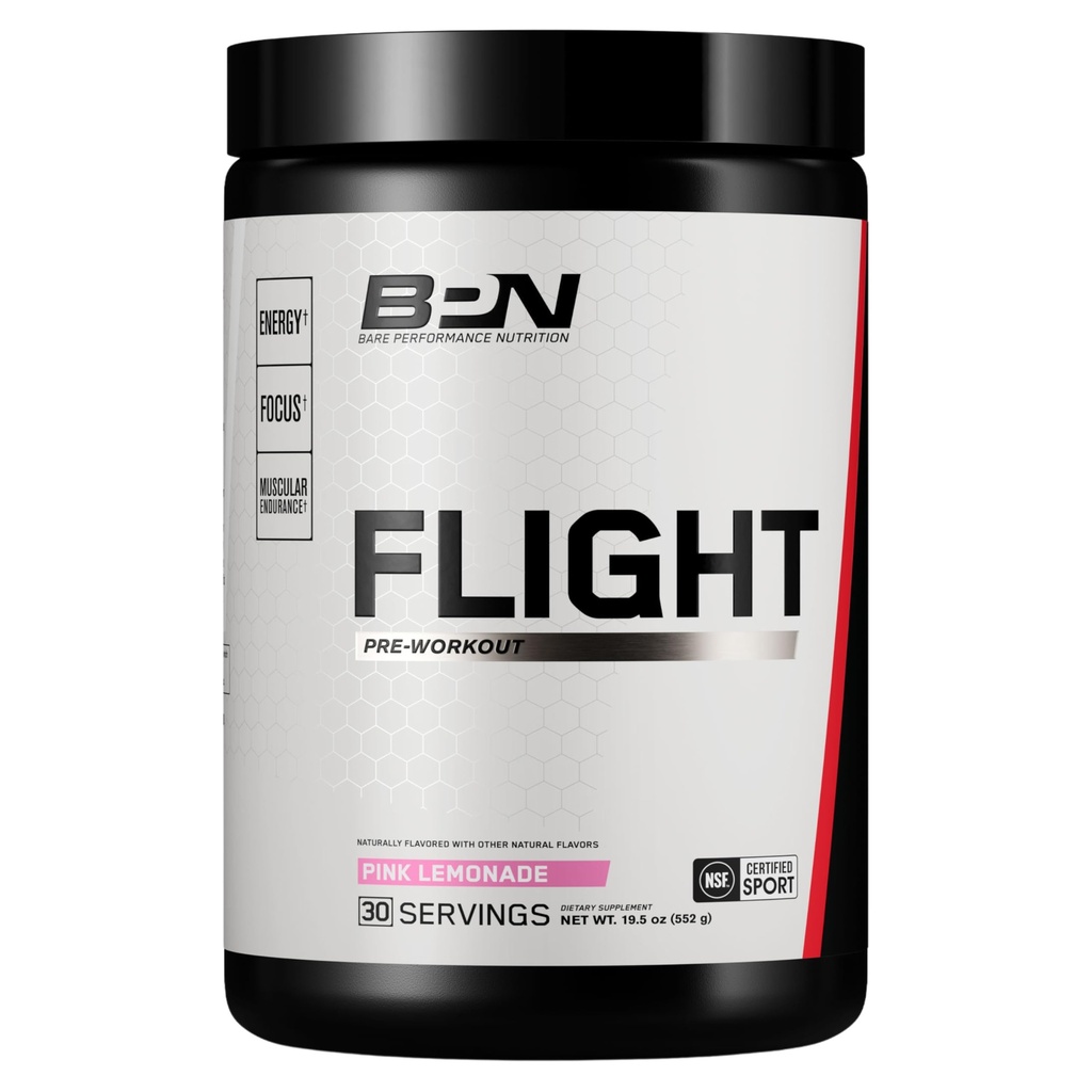BARE PERFORMANCE NUTRITION BPN Flight Pre-workout, ondersteunt energie en geestelijke focus, verbeterde endurance & spierpompen met CarnoSyn® Beta Alanine, roze limonade, 30 porties