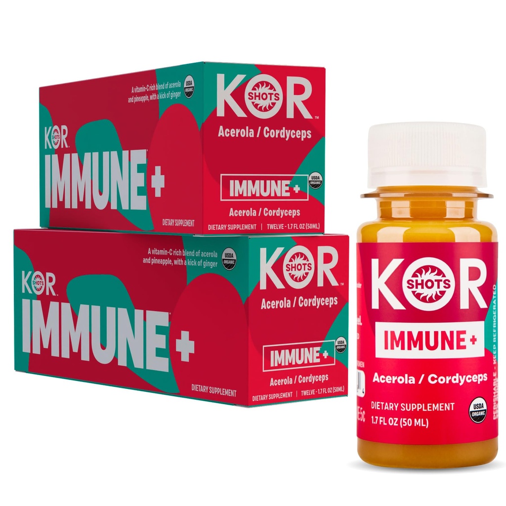 Kor Shot Acerola Ginger and Cordyceps Shot - 24 Pack x 1.7 Fl Oz - Immune Plus - Immune System Booster - 533% DV of Vitamin C - USDA Certified Organic - Dietary Supplement