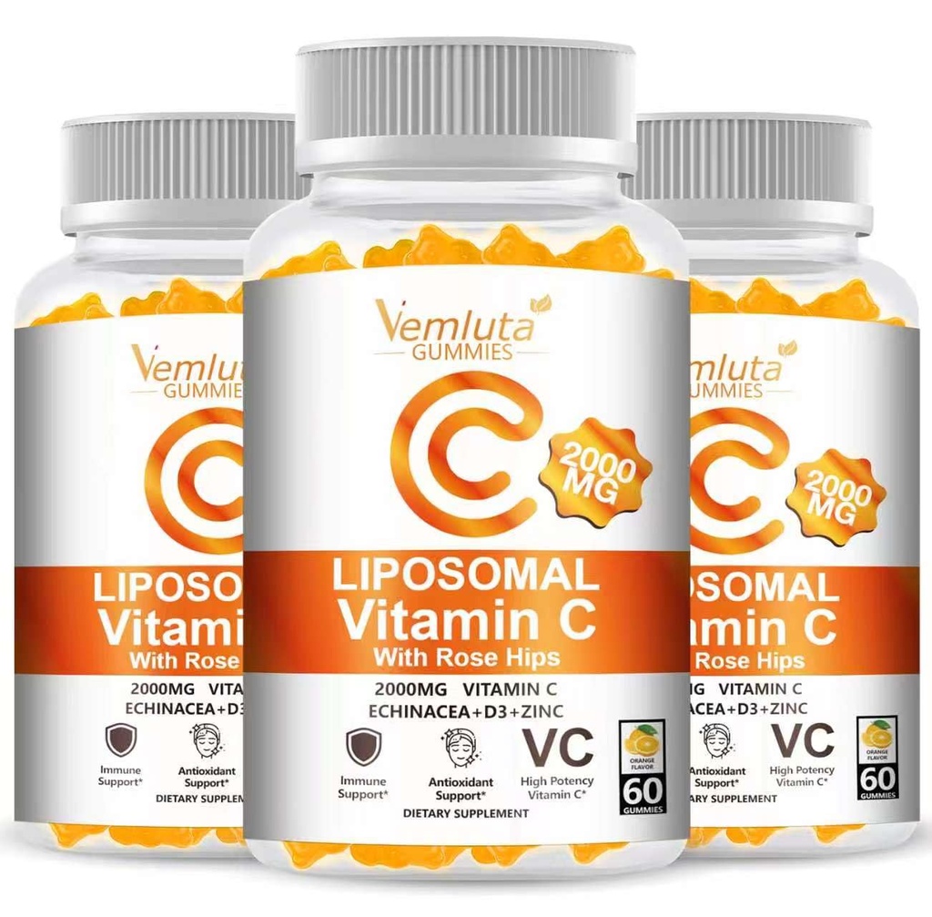 3 Packs Liposomal Vitamin C 2000mg Gummies Complex Rose Hips with D3 5000IU,Elderberry Echinacea,Iron & Zinc for Adults Kids Immune,Antioxidant & Collagen Support,Orange Flavor, 180Count
