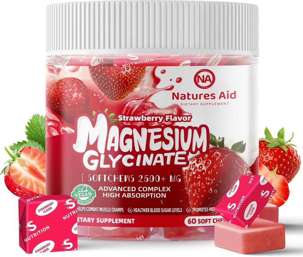Magnesium Glycinate Soft Chews, Strawberry Flavor.Chewable Sugar Free Potassium Magnesium Chews with Magnesium Glycinate, Vitamin D, B6, and CoQ10 for Calm Support & Sleep for Adults, 60 Days Supply