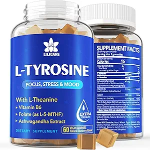 L Tyrosine Gummies 1100mg Mood Support Blend with Ashwagandha, L-Theanine, Vitamine B Complex B6, Folaat B9, for Focus & Memory, Cognition & Brain Function, Energy Boost, Stress Support, Vegan 60Cts