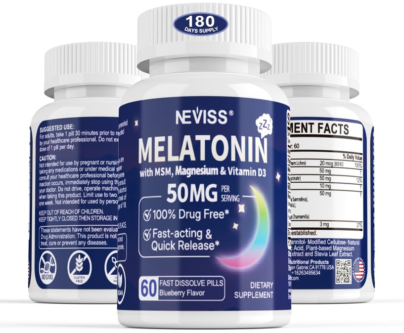 Melatonine 50 mg voor volwassenen - Extra sterkte 9-in-1 Snel oplossen Sublingual - w/Vitamine D3 & MSM, ontspannende kruidenmix-Ashwagandha, citroenbalsem, passiebloem, kamille, sugarvrij, veganistisch 180 porties