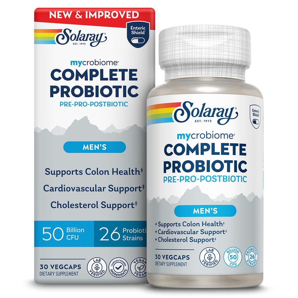 SOLARAY Mycrobiome Complete Probiotic Men's Formula - Pre and Probiotics for Men Plus Postbiotic - Digestive Health and Immune Support - 50 Billion CFU, 26 Strains - Vegan - 30 Servings, 30 VegCaps