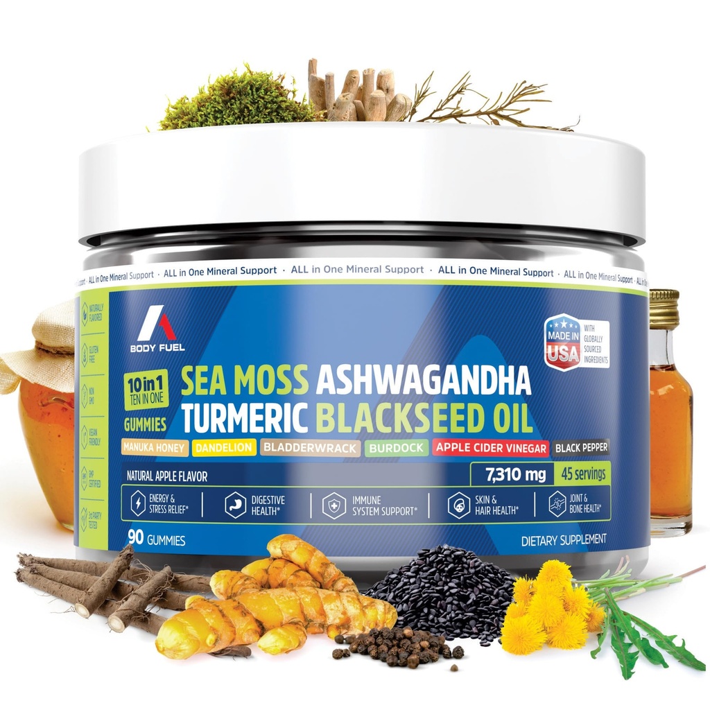 Sea Moss Gummies: 10-in-1 Formula with Black Seed Oil, Ashwagandha, Turmeric, Ginger, Apple Cider Vinegar, Burdock Root, Manuka Honey & More – Vegan, Non-GMO, 90 Count, 45 Day Supply