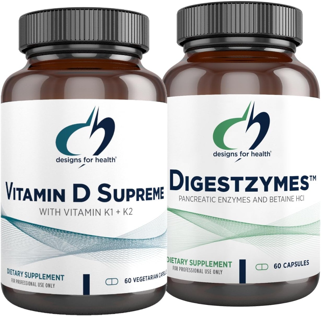 Designs for Health Vitamin D Supreme + Digestzymes Digestive Enzymes Bundle - Vitamin D3 5000 IU with 2000mcg Vitamin + Digestion Support Enzymes with Betaine HCl - 2 Products