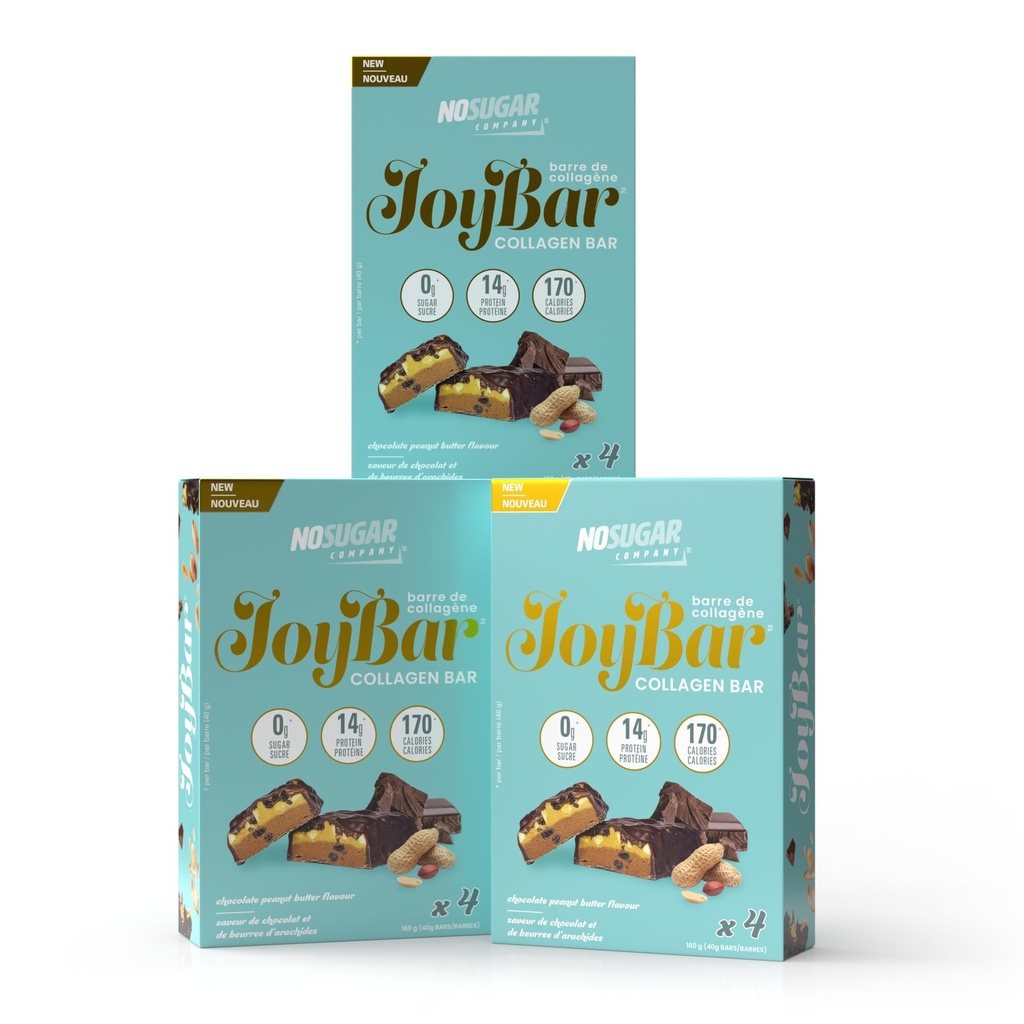 No Sugar Joybar Collagen Bar - Chocolate Peanut Butter - 0g Sugar, 14g Protein - Nourish Inside & Out - Low Calorie, High Protein Snack - Supports Skin, Hair, Nails & Joint Health - 12 Pack