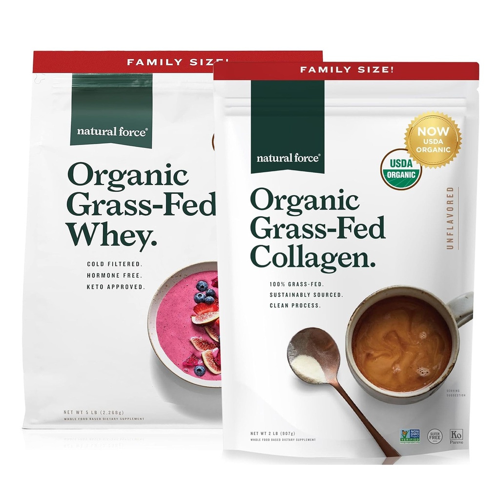 Natural Force Grass Fed Organic Whey Unflavored A2 Protein Powder, 5 LB Organic Clean Collagen Peptides Powder Unflavored, 32oz
