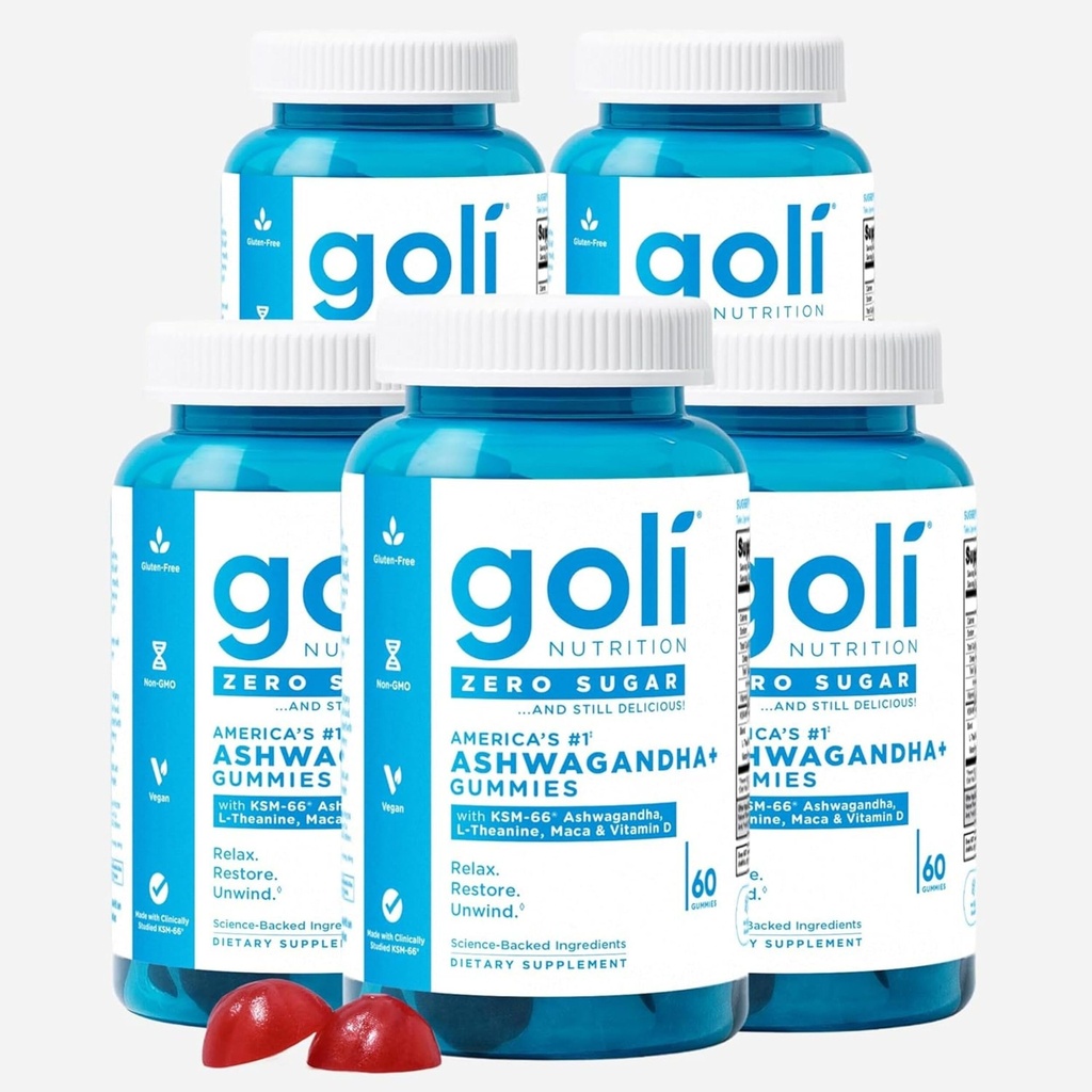 Goli Zero Sugar Ashwagandha Gummies, 60 Count Each (5 Pack, 300 Total) – with KSM-66, L-Theanine, Maca and Vitamin D - No Sugar Alcohols - Vegan, Keto-Friendly, Non-GMO
