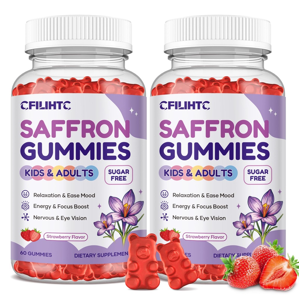 Saffron Gummies for Kids & Adults, 20-in-1 Saffron Supplements with 88.5mg Saffron Extract, B6, B12, C, D3, Magnesium for Calm, Focus, Nerve, Sugar Free, Vegan, Non-GMO - Strawberry Flavor, 120 Counts