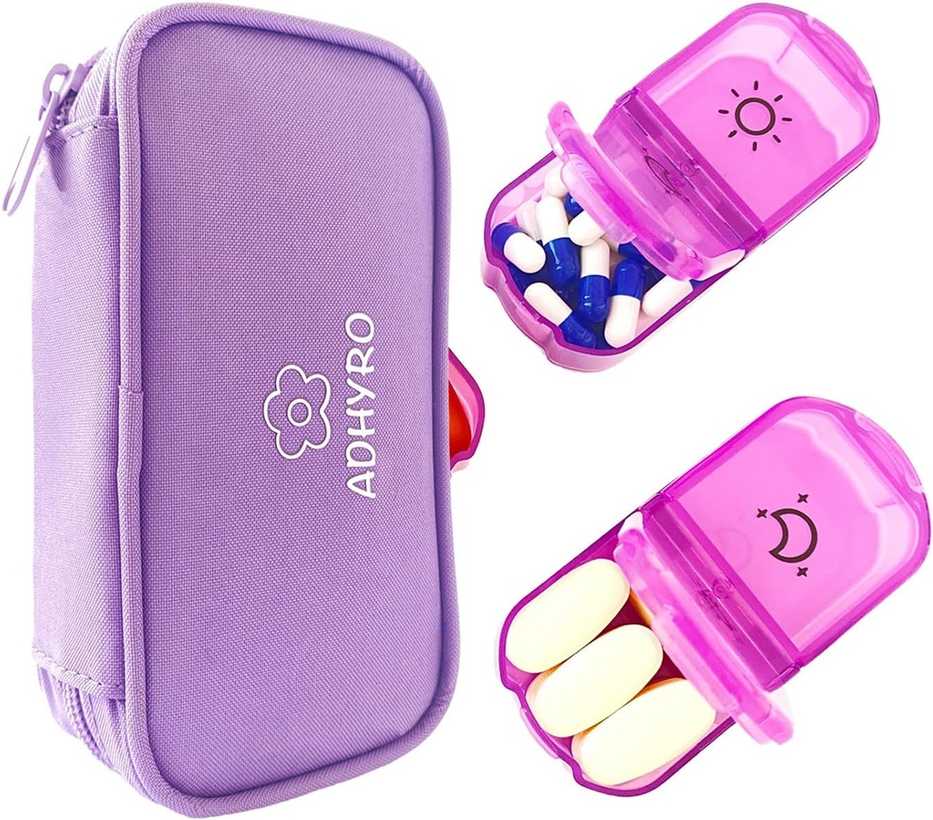 Pillen Organizer 2 keer per dag, grote AM/PM Weekly Pill Box 7 Day Pillen Case met schrijfbare etiketten en privacybescherming licht-paarse rits zak om supplementen, vitamines en visolie vast te houden