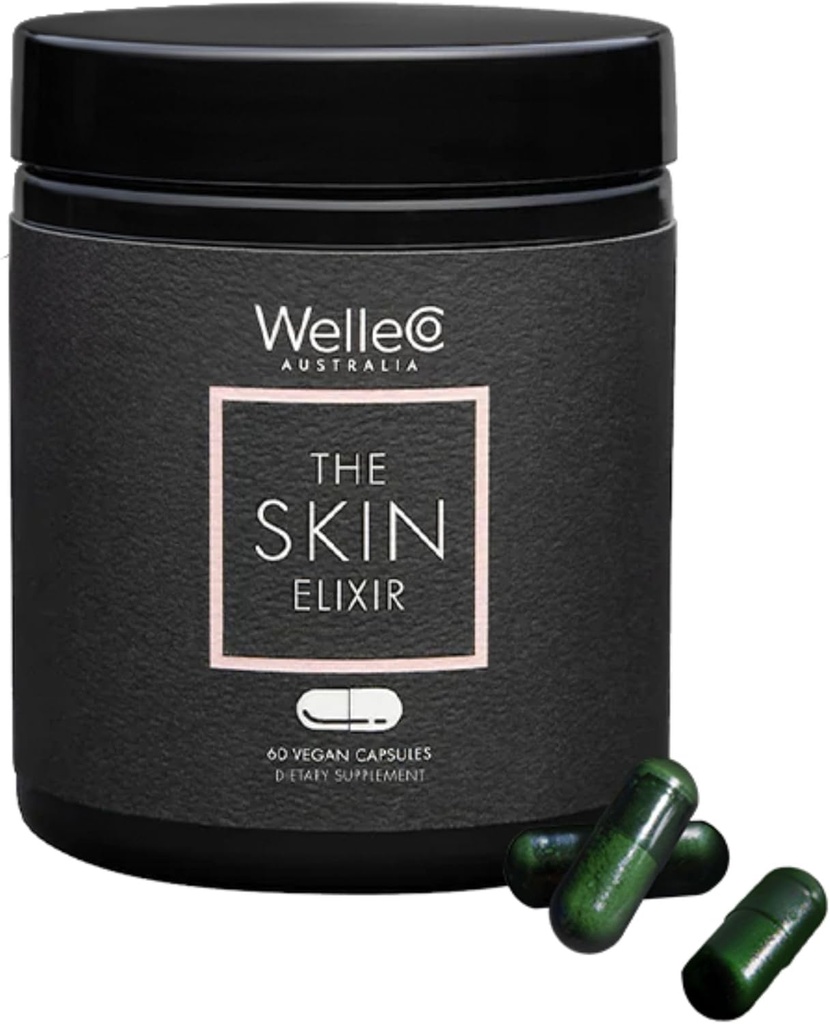 WelleCo The Skin Elixir Greens Powder Capsules with Zinc, Turmeric, Essential Skin Food, Supports Collagen Formation, Gluten Free & Vegan Glowing Skin Supplement, Firmness & Elasticity, 60 Capsules