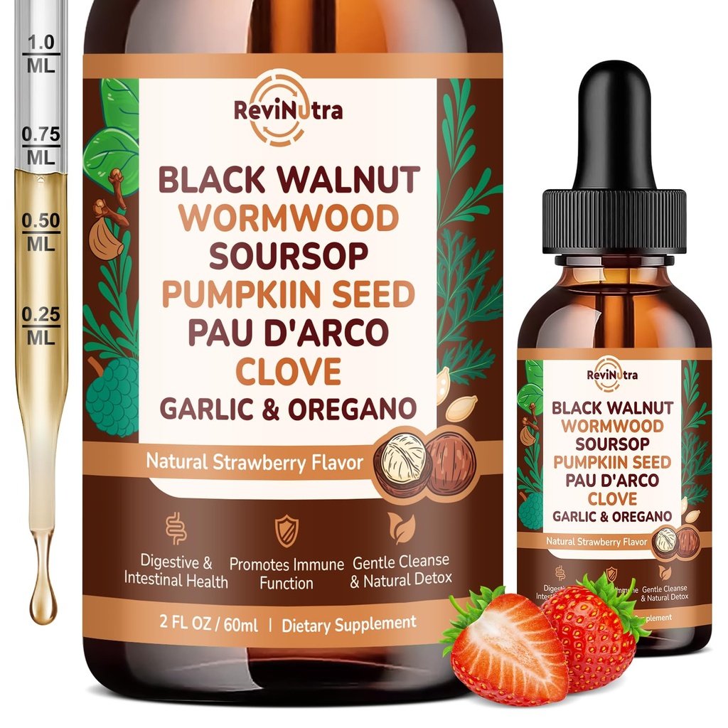 16 in 1 Wormwood Black Walnut Clove Cleanse for Humans Liquid Drops with Soursop Oil of Oregano Pumpkin Seed PAU D’arco Garlic for Gut Cleanse & Digestive Health, Strawberry Flavor 2 Fl Oz