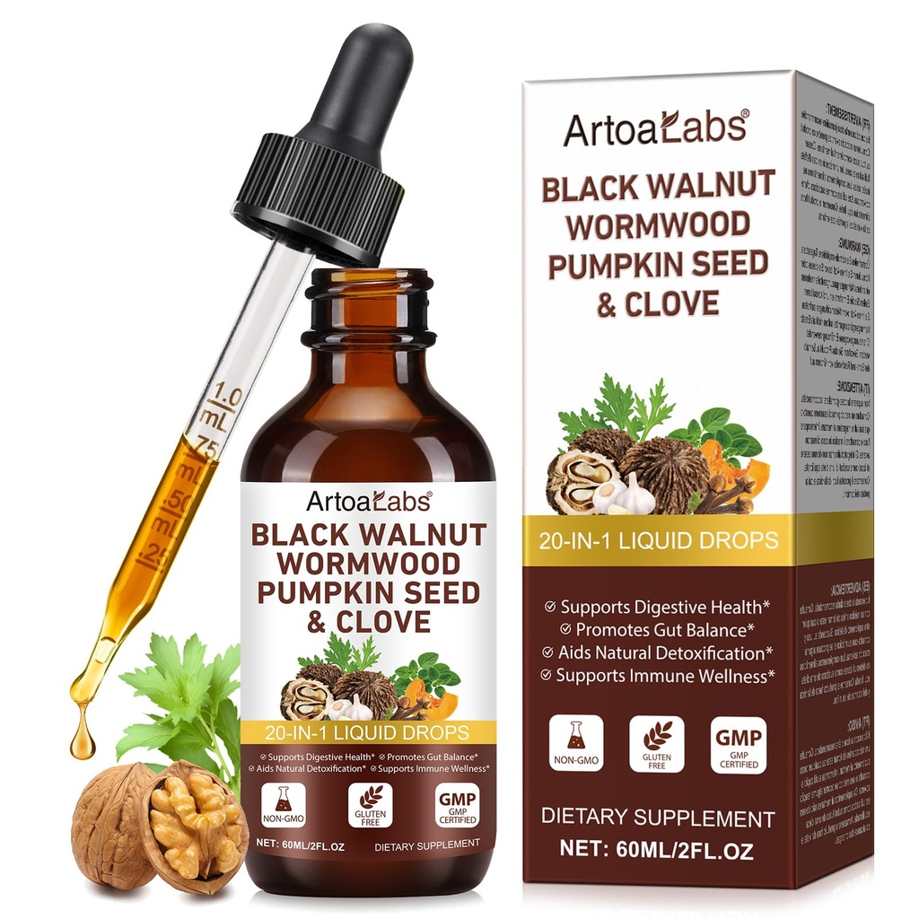 NIFEISHI Wormwood Black Walnut Clove Cleanse for Humans Drops, 20-in-1 Gut Health Support Supplement & Digestive Health with Pumpkin Seed,Garlic,Oregano,Berberine, Non-GMO, Raspberry Flavor - 2 FLOZ