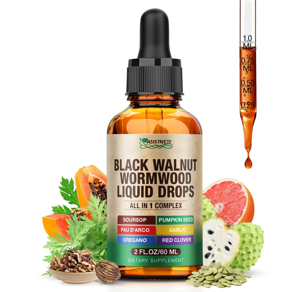 20-In-1, Black Walnut Wormwood Tincture, Wormwood Black Walnut Cleanse for Human, Rapid Gut Detox Cleanse & Digestive Health with Garlic Pumpkin Seeds Soursop Oregano, Alcohol-Free, Gut-Friendly