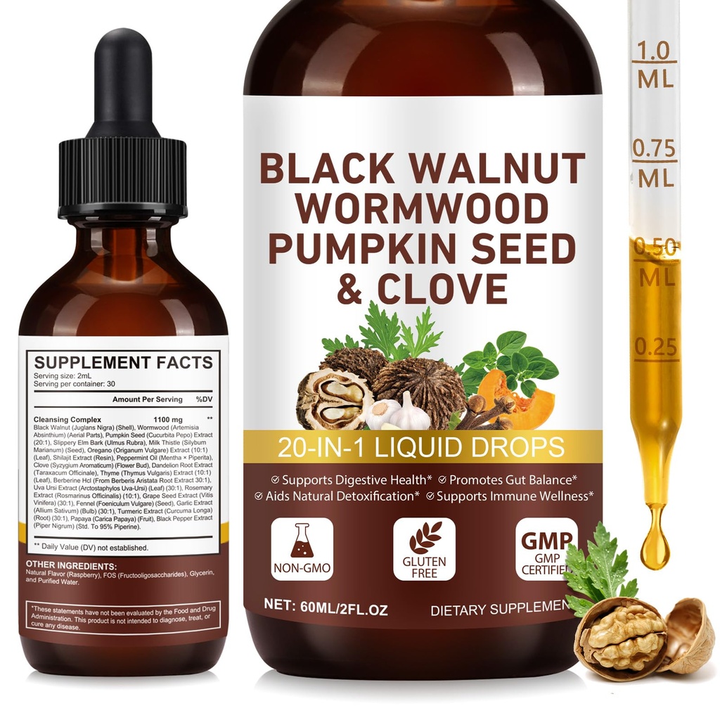 Wormwood Black Walnut Clove Cleanse drop For Humans Elimination, 20-in-1 Potent Herb Complex W/ Garlic/Oregano/Pumpkin Seed/Milk Thistle for Microbiome Balance, Antioxidant, Raspberry Flavor|2 Fl Oz