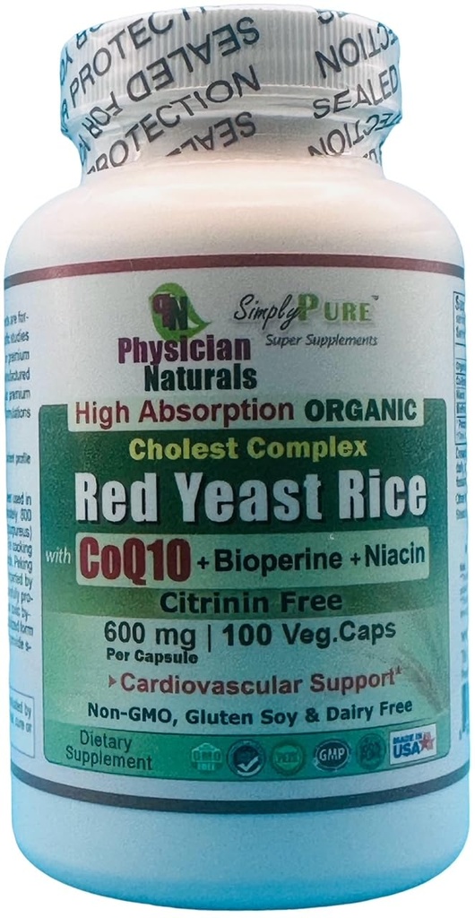 Organische Rode Gist Rijst w Rveenzyme Q10 en Piperine 600 mg Hoge Absorptie 100 Veg Caps 1200 mg per portie