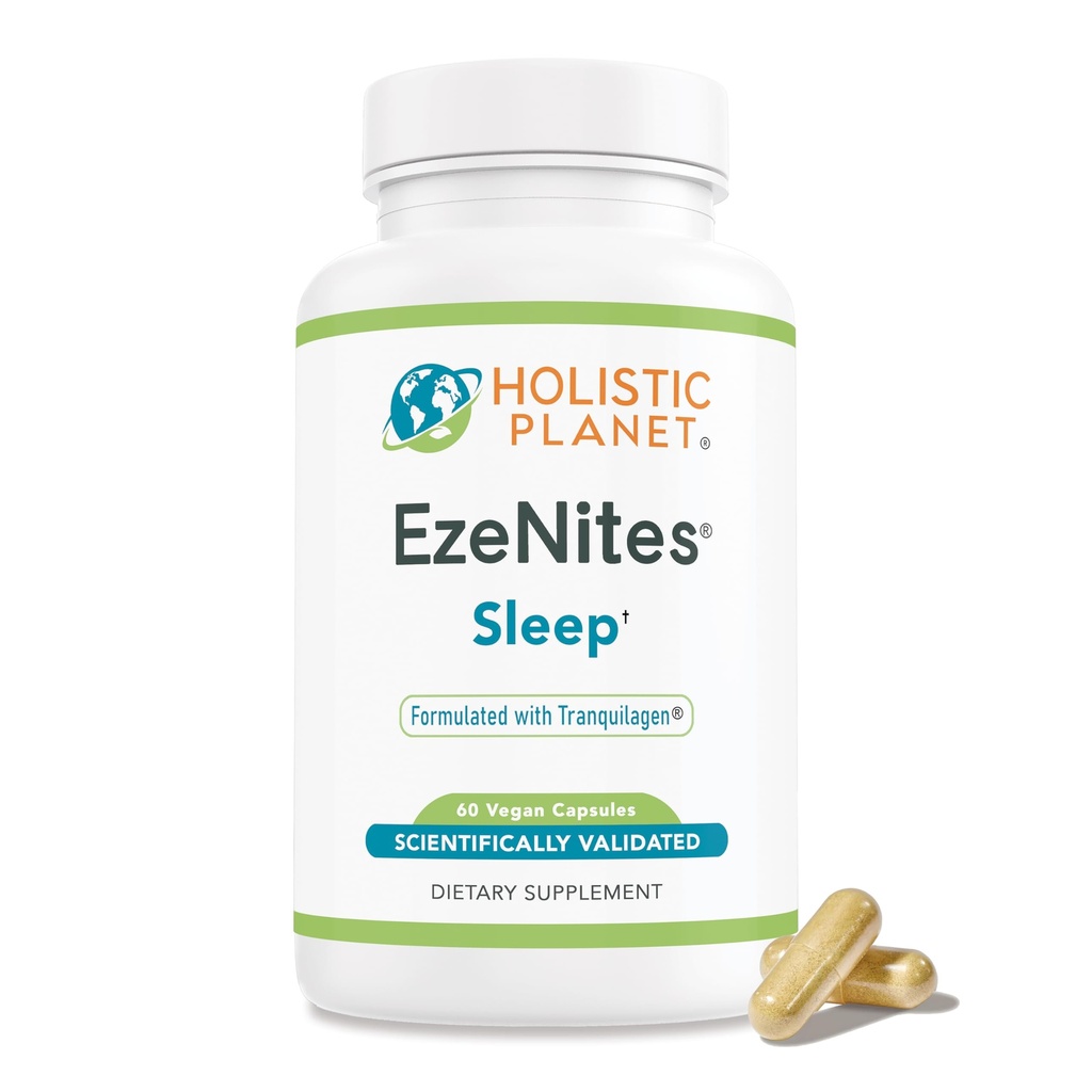 EzeNites - Natural Sleep Aid Supplement - Deep Sleep, Stress Relief - 2mg Melatonin, Magnesium Glycinate, GABA, L-Theanine, Apigenin, 5-HTP, L-Tryptophan - Herbal & Nutritional Complex - 60 Capsules