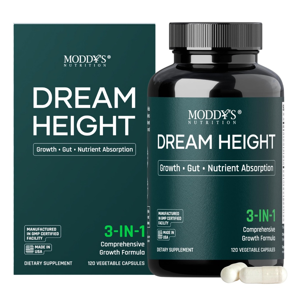 Moddy's Nutrition DreamHeight Growth Supplement for Kids & Teens, Bone, Immune & Sleep Support, Clinically Studied Formula, 120 Small Easy-to-Swallow Capsules
