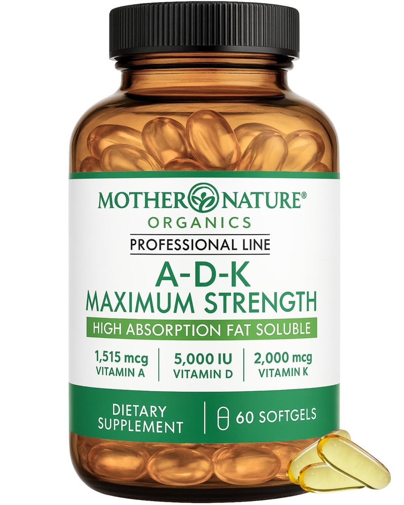 ADK Vitamin Supplement - 5000 IU Vitamin D3 + A & K2 MK-7 - High Absorption for Bone, Heart & Immune Support - Non-GMO (60 Softgels)