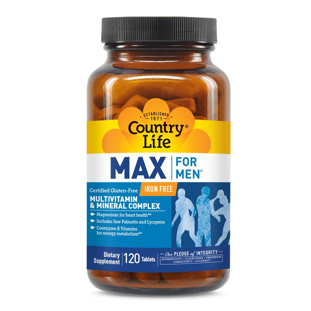 Country Life Max voor mannen Multivitamine: Iron-Free, Glutenvrij, Saw Palmetto, Lycopeen, Dagelijkse Ondersteuning voor Energie, Hart & Men's Health,120 Vegetarische Tablets