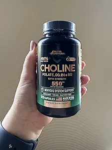NUTRAHHARMONISY Choline Supplement - Choline Bitrate 100% dagelijkse waarde - 5-in-1 Complex with Folaat, Vitamines D3, B6 & B12 - Vegan, Non-GMO - 120 Capsules