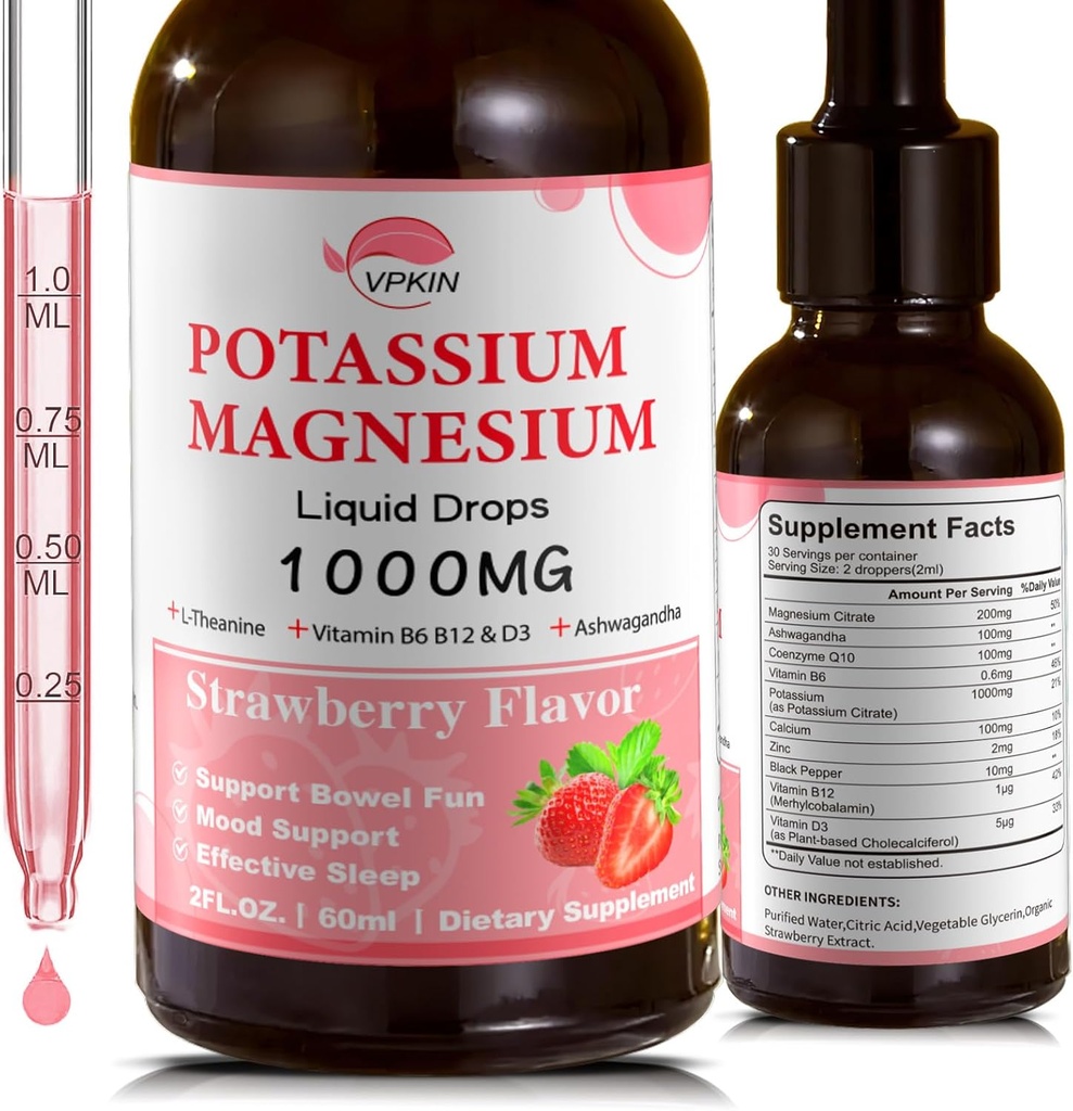 Kalium Magnesium Citrate Supplement, Magnesium Liquid Drops met Magnesium Glycinate 1000mg met Ashwagandha, Zinc, Ondersteuning Clam & Support Immune System(Strawberry,2 FL.OZ.)